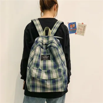 Fashion Plaid Canvas Women Backpack College Student Backpack Teenage Girl School Bags Large Capacity Waterproof Travel Rucksack 2