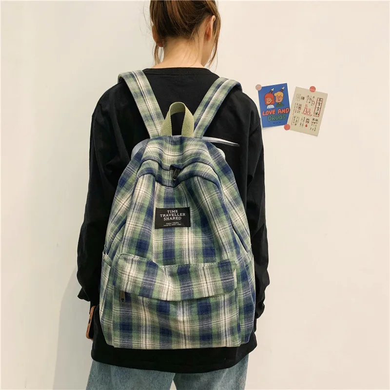 Fashion Plaid Canvas Women Backpack College Student Backpack Teenage Girl School Bags Large Capacity Waterproof Travel Rucksack
