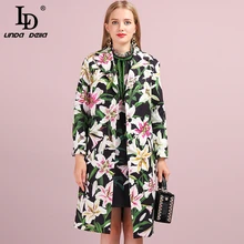 LD LINDA DELLA Autumn Winter Outwear Women's Coats Long Sleeve Floral Printed Button Beading Elegant Vintage Ladies Overcoat