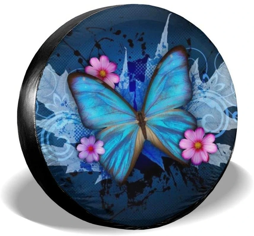 Dujiea Blue Butterfly Flower Spare Tire Cover, Universal Wheel Tire Cover Waterproof Dust-Proof Tire Protectors for Jeep windshield sun visor