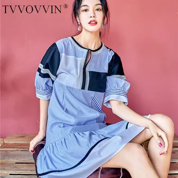 

Korea can ship Retro hit collar blue dresses women 2020 summer new Lantern half Sleeve Striped hollow out round collar H953