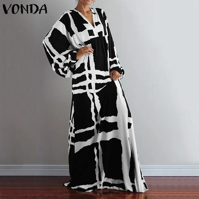 VONDA, женское винтажное Длинное Макси платье, сексуальное, v-образный вырез, длинный рукав, рубашка, платья, Femme, свободный сарафан, повседневное, богемное, vestidos robe