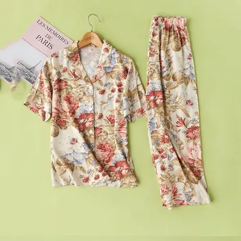 

2PCS Pajamas Set Nightwear Summer Casual Bathrobe Gown Print Flower Women Sleepwear Silky Soft Cotton Loose Homewear Sleep Set