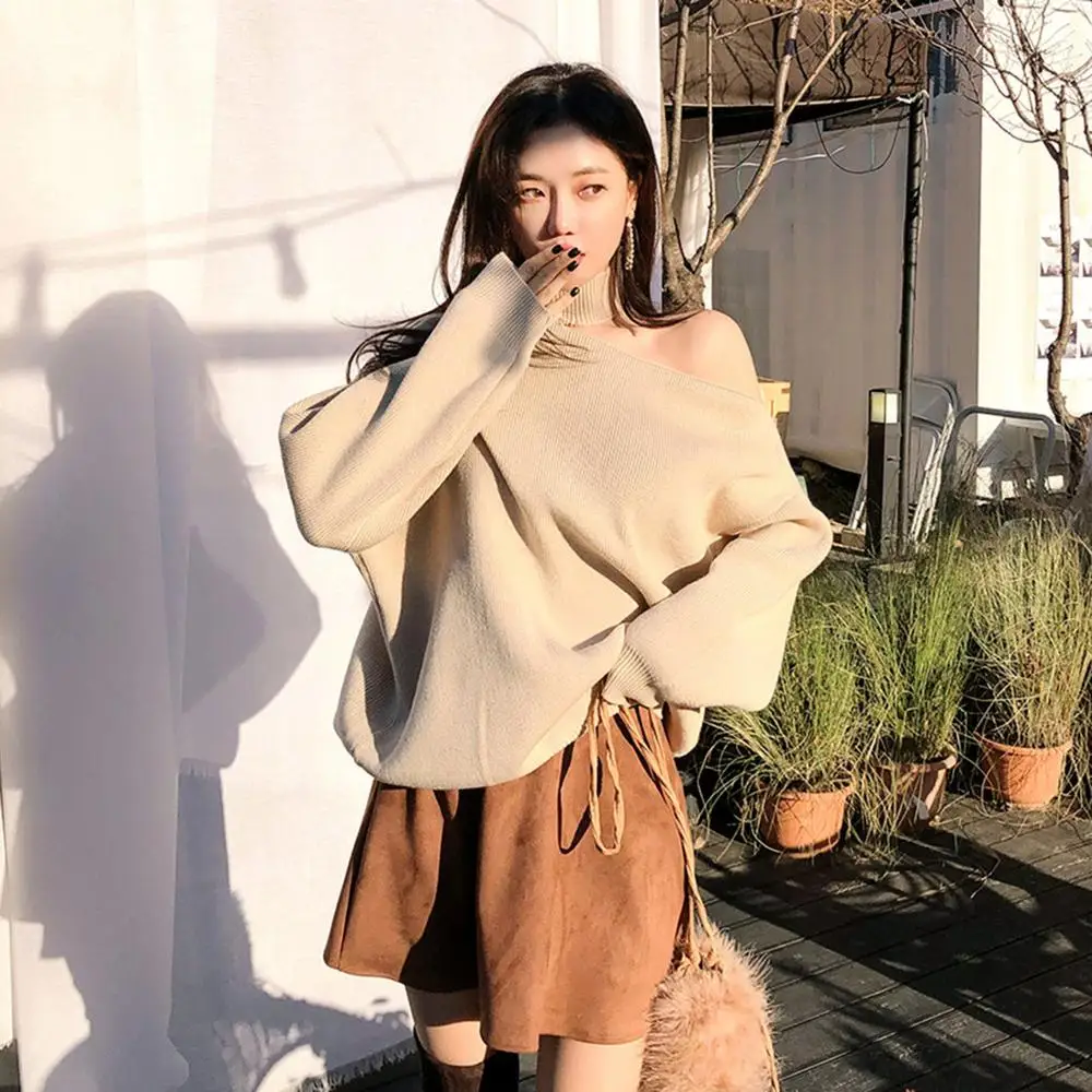 Autumn New Women's Hanging Neck Pullovers Sweater Knitting Bare Shoulder Irregular Fashion Casual Elegant Tops T98323D