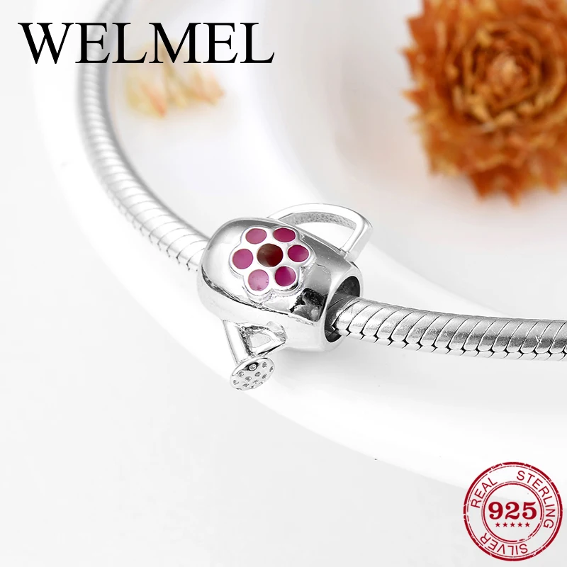 

New 925 Sterling Silver deep pink plum blossom watering can fine beads Fit Original Pandora Charm Bracelet Jewelry making