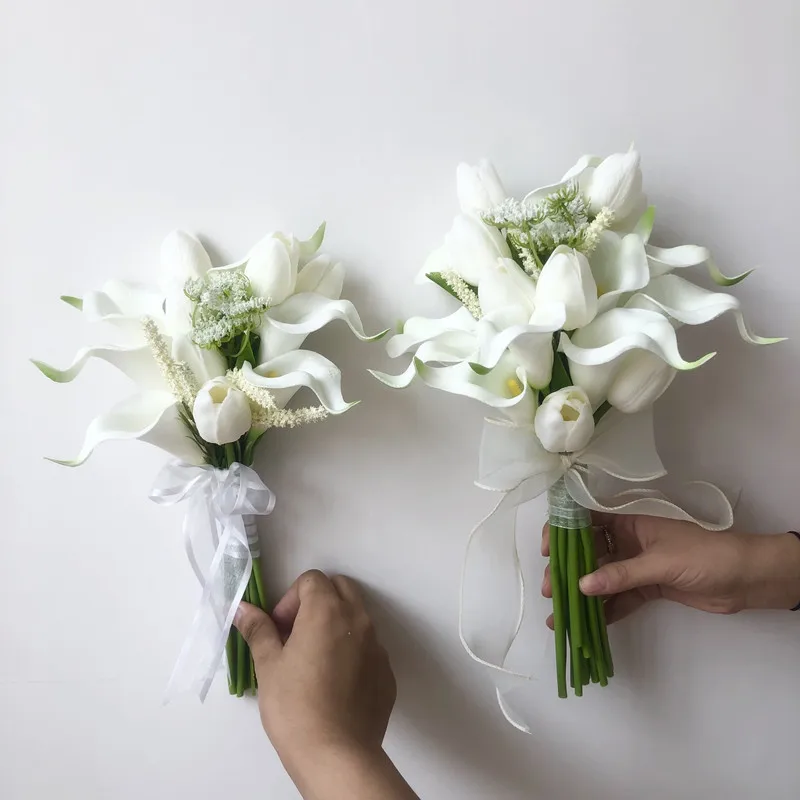 Cheap White Small Bunch of Tulip with Lily Artificial Bridal bouquets for Bridesmaids для подружек невесты Damigella