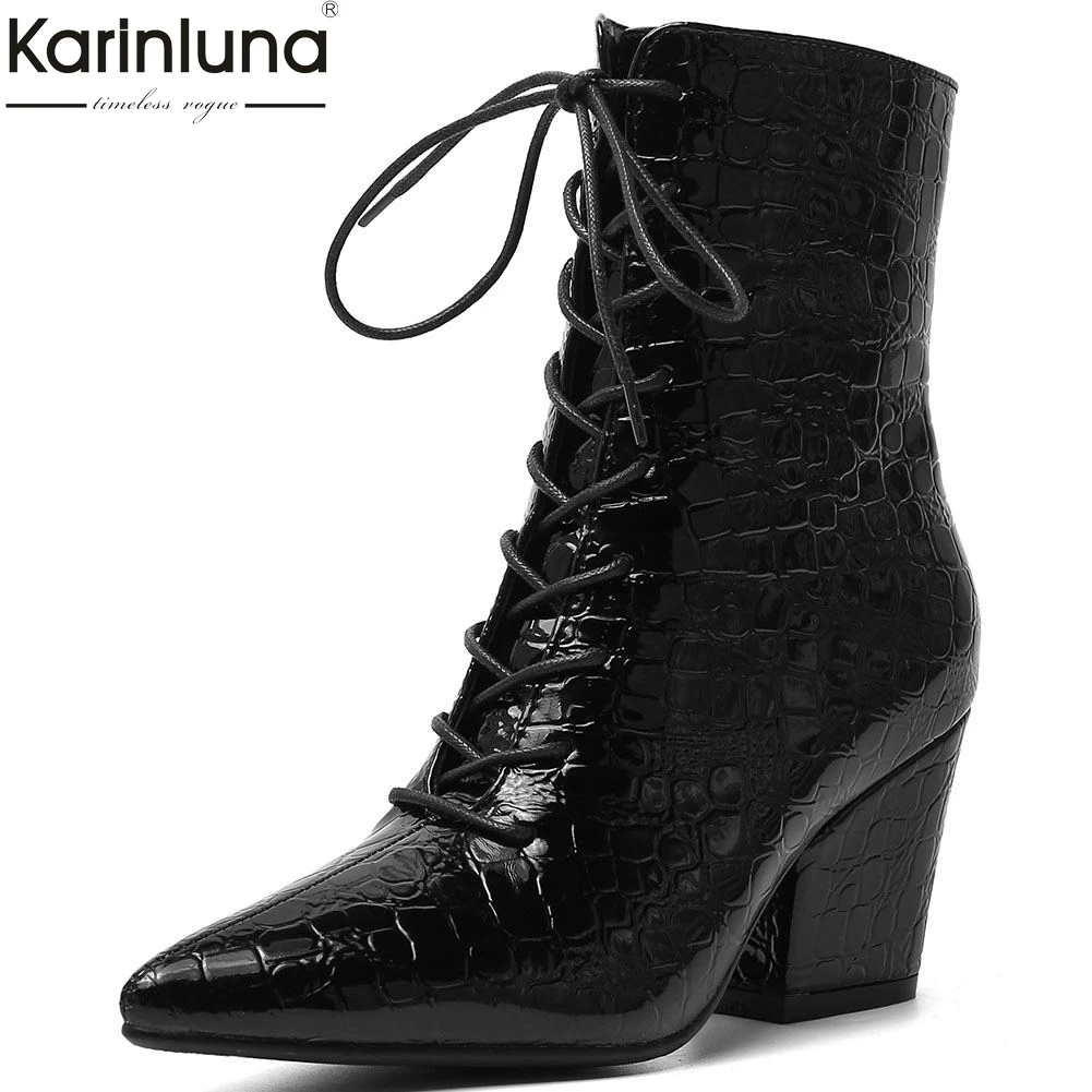 

Karinluna 2019 Brand big size 43 high quality chunky heels shoes woman western boots female shoes shoelaces ankle boots women