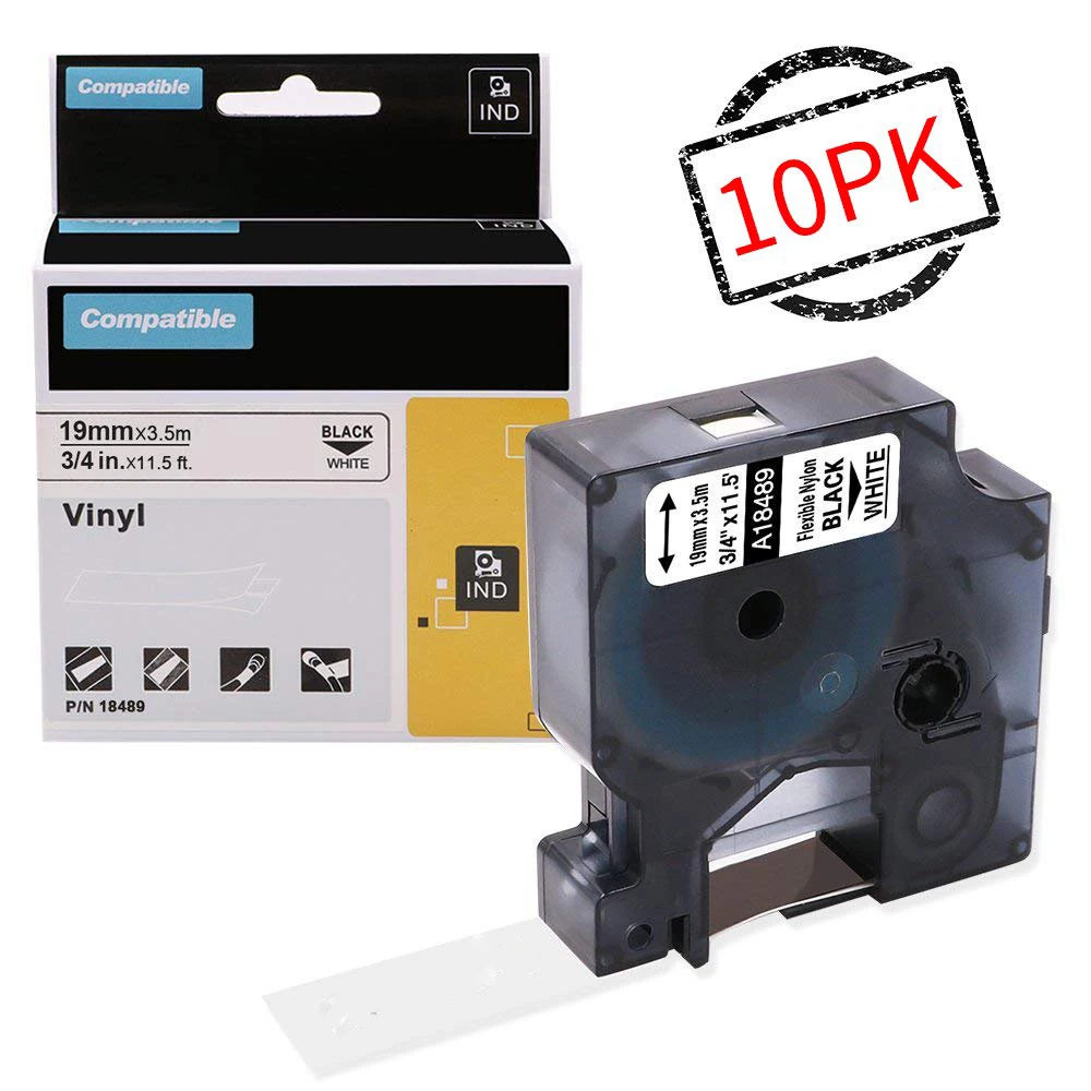 10 Pz/Lotto 19 Millimetri 18489 Rhino Flessibile Di Nylon Etichette Nero Su Bianco Per Dymo Label Writer E Industriale Label Maker