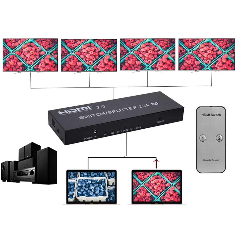HDMI 2 0 2X4 сплиттер с Spdif/rca стерео аудио 3 5 мм в 4 4kX2K IR дистанционный пульт и адаптером