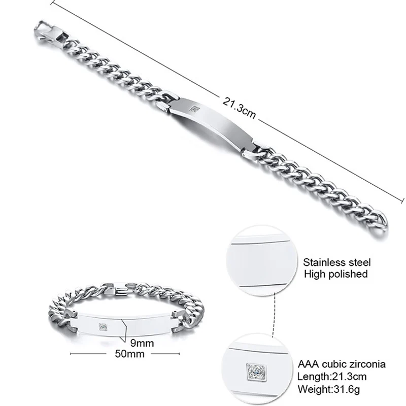 Black Stainless Steel Crystal Bracelet Curb Cuban Chain Smooth Bar ID Bracelets for Men Women Bangles