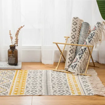 

Retro Bohemian Hand Woven Cotton Linen Carpet Tassel Bedside Rug Geometric Floor Mat Living Room Bedroom Home Decoration AreaRug