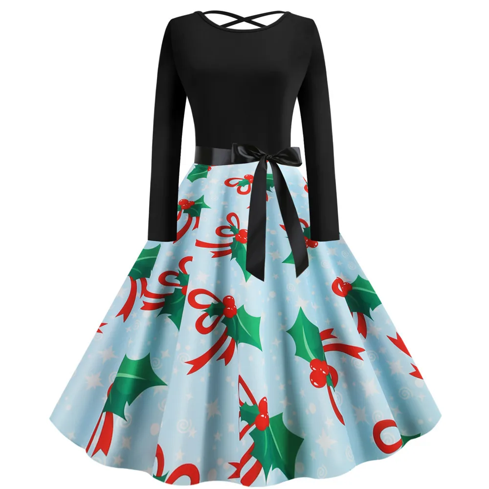 Черное элегантное женское рождественское платье с длинным рукавом, новогодний подарок, дерево, снежинка, принт, зимние платья, винтажное платье до колена