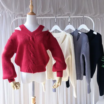 

IHOBBY Spring New Women Knittind Sweater Loose Style Criss Corss Neck Off Shoulder Lantern Sleeves Thicken Hemp Sweaters