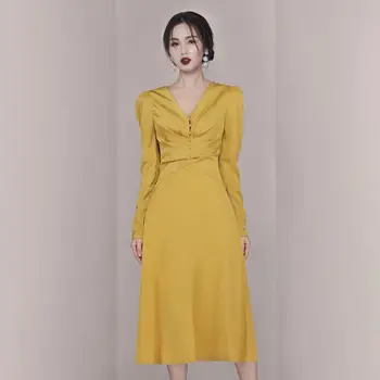 

HAMALIEL Fashion Yellow Long Sleeve Women's Dress Elegant Autumn Sexy V Neck High Waist Party Dress Brand Runway Office Vestidos