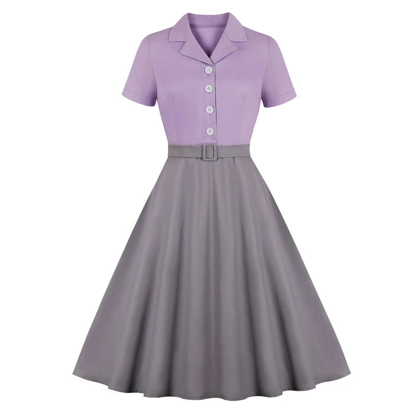 Lavender and Grey Tonval темно-синее и желтое двухцветное хлопковое элегантное платье на пуговицах для женщин с поясом рокабилли винтажное платье размера плюс миди - Цвет: Lavender and Grey