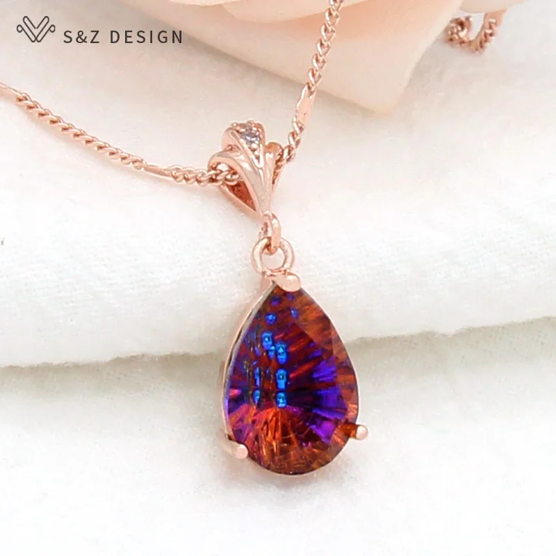 S&Z DESIGN New Fashion Luxury  Water Drop Crystal Pendant Necklace For Women Girl Wedding Party Jewelry