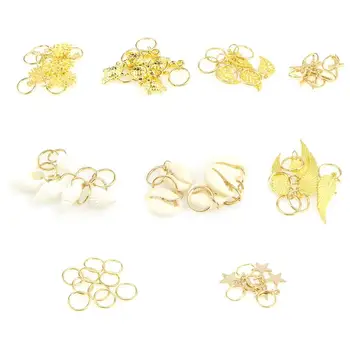 

50pcs Gold Shell Leaves Star Conch Snowflake Pendant Charms Rings Set Hair Clip Headband Accessories