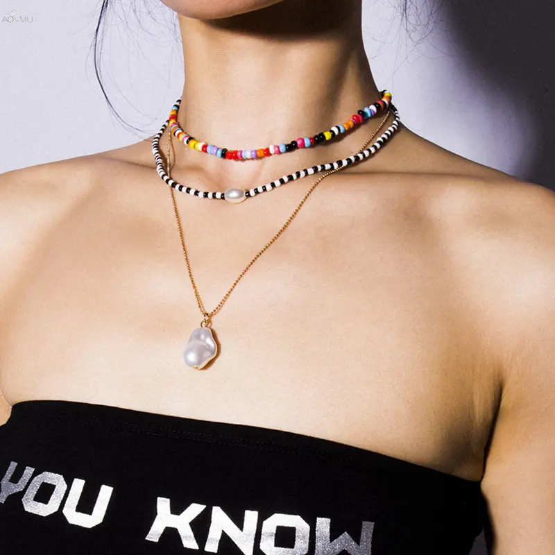 

AOMU Geometric Necklace Multi Layer Colorful Bead Handmade Beading Irregular Pearl Necklace For Women Boho Jewelry