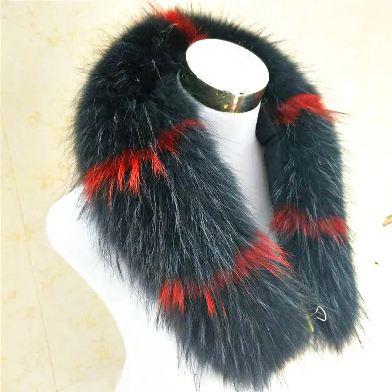 

Qearlstar 100% Real Natural Raccoon Fur Collars Luxury 75cm*17cm Winter Fashion Coat Collar Scarf Black With Red Strips Zxx223