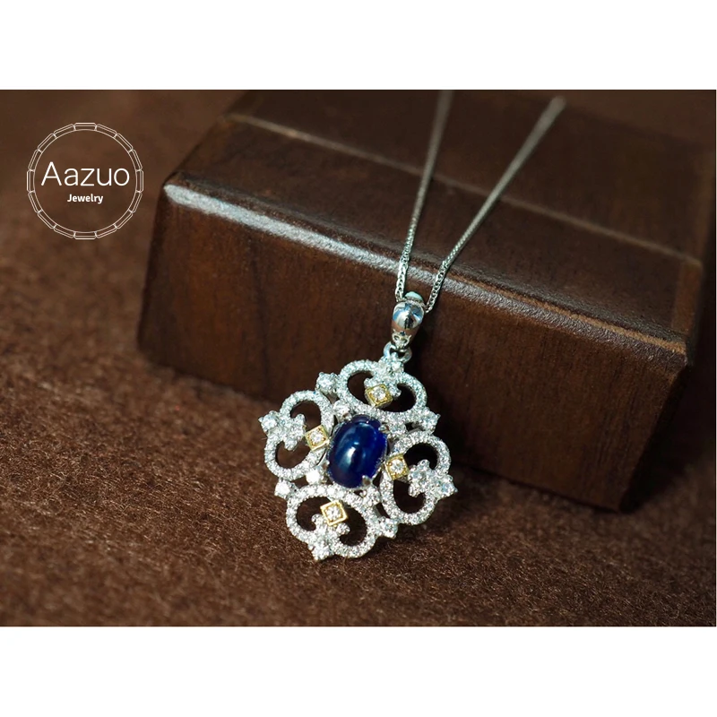 Aazuo 18K Solid White Gold Originality Natural Blue Sapphire 1.10ct Micro Pave Classic Flower Pendent Necklace gifted for Women the blue flower