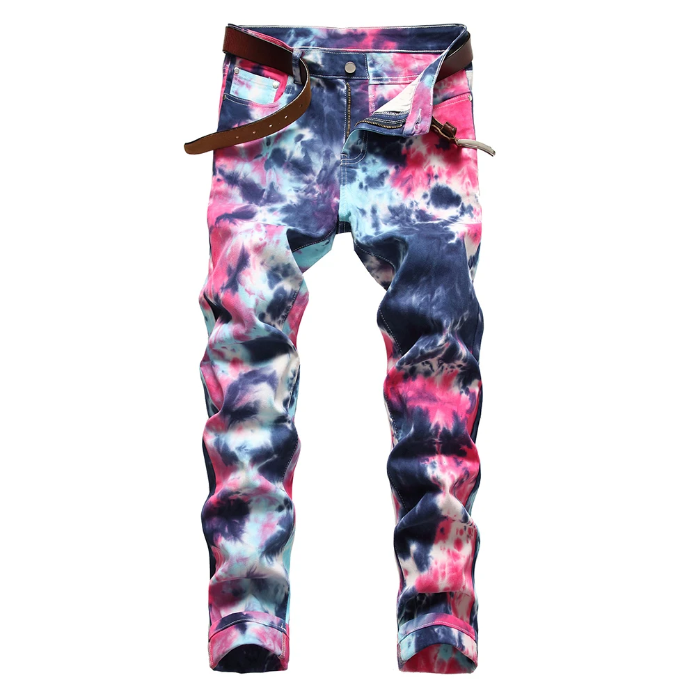 Print Jeans Trousers Denim Pants Painted Mens Color-Tie Stretch Slim Straight Fashion