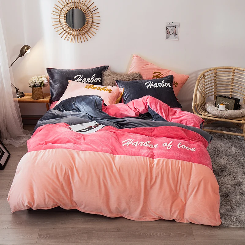 

Modern Style Magic Velvet Matching Color 3 4pcs Duvet Cover Flat Fitted Bed Sheet Pillowcases Pink Blue White More Color Match