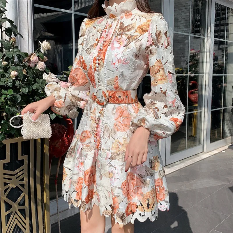 

2020 Autumn High Quality New Retro Totem Hollow Out Embroidery Puff Sleeve Lace Dress Trendy Button Deco Mini Dress With Belt