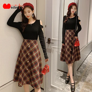 

2020 Spring Woolen Plaid Skirts Autumn Winter Wear A Line Elastic High Waist Ladies Skirts Elegant Korean Girls Female Skirt
