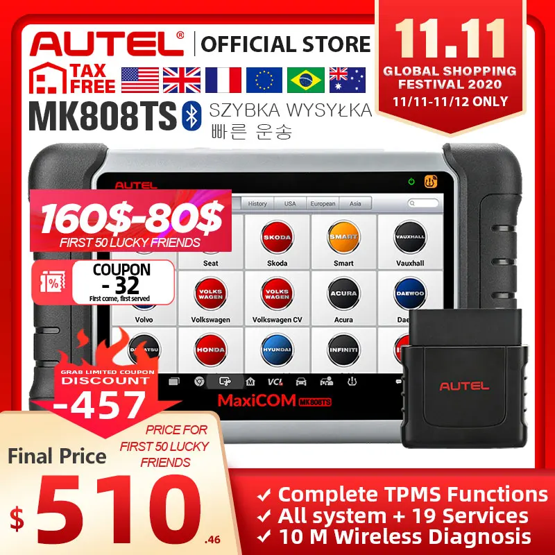 £537.02 Autel Maxicom Mk808ts Obd2 Bluetooth Scanner Automotivo Car Diagnostic Scan