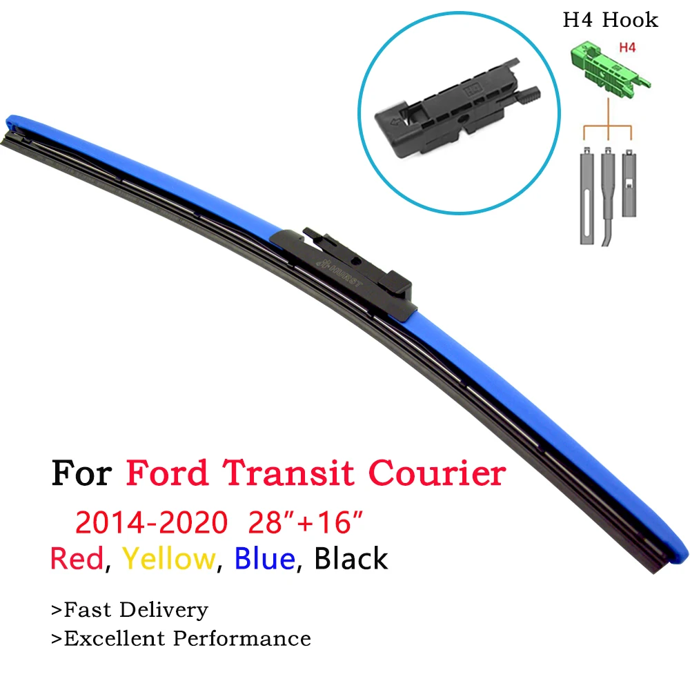 

2Pcs Colorful Frameless Hybrid Wipers For Ford Transit Courier 2014-2020 Windshield Wiper Blade 28"&16" Red Fit H4 Pinch Tab Arm