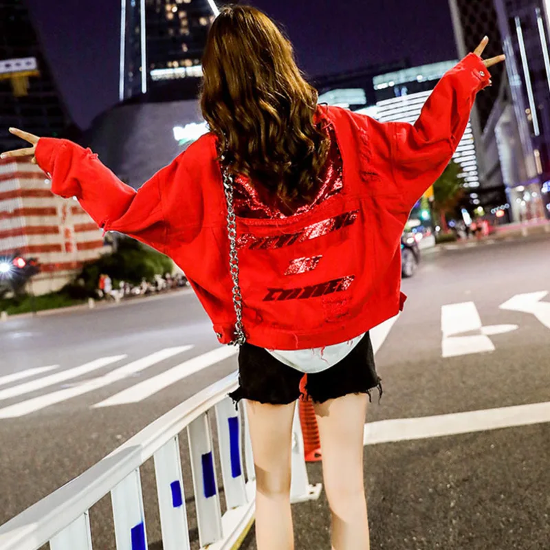 

2020 Denim Jacket Women Red Cropped Loose Long Sleeve Lapel Embroidery Sequin Hole Jean Coat Streetwear Vintage Black Kot Ceket