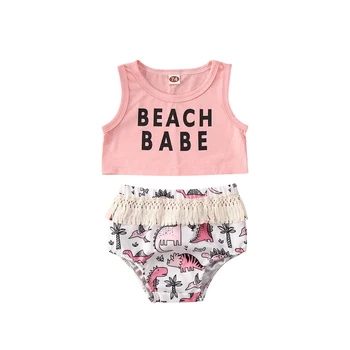 

2020 Infant Baby Girl Cropped Letter Crop Tops Vest Dinosaur Print Short Pants 2pcs Outfit Clothes Children Summer Sets