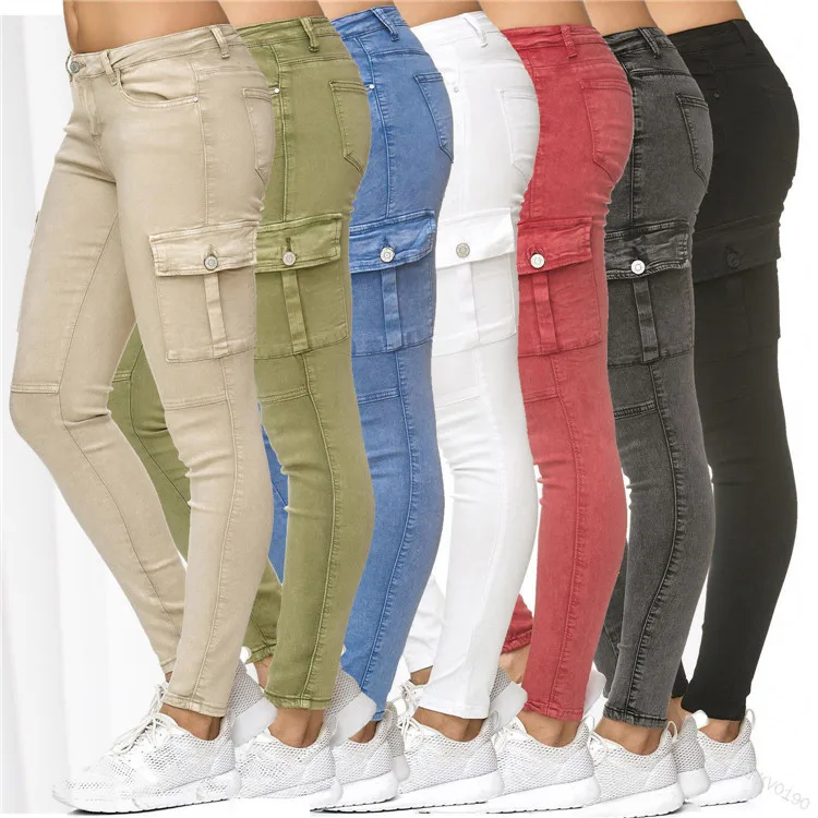 Женские облегающие джинсы в стиле милитари, Женские джинсы-карго с несколькими боковыми карманами, женская уличная одежда в стиле хип-хоп, повседневные джинсовые брюки-карандаш