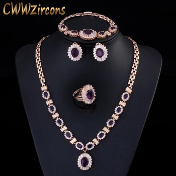 

4 Piece Luxury Gold Plated Indian Wedding Party Jewelry Sets Purple Cubic Zirconia Diamond Bridal Accessories For Women T230