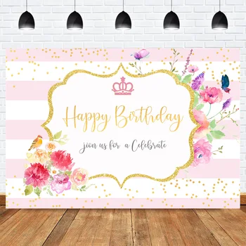

Floral Birthday Party Photography Backdrop Watercolor Flowers Celebration Birthday Dessert Table Background Stripes Photocall
