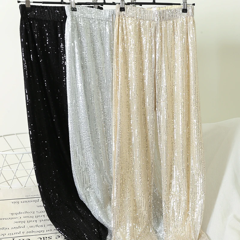 Cakucool Silver Full Sequined 2020 Women Wide Leg Pant Elastic Waist Bling Luxury Chic Capris Casual Gold Long Pant Female Club Cakucool Silver Full Sequined 2020 Women Wide Leg Pant Elastic Waist Bling Luxury Chic Capris Casual Gold Long Pant Female Club
