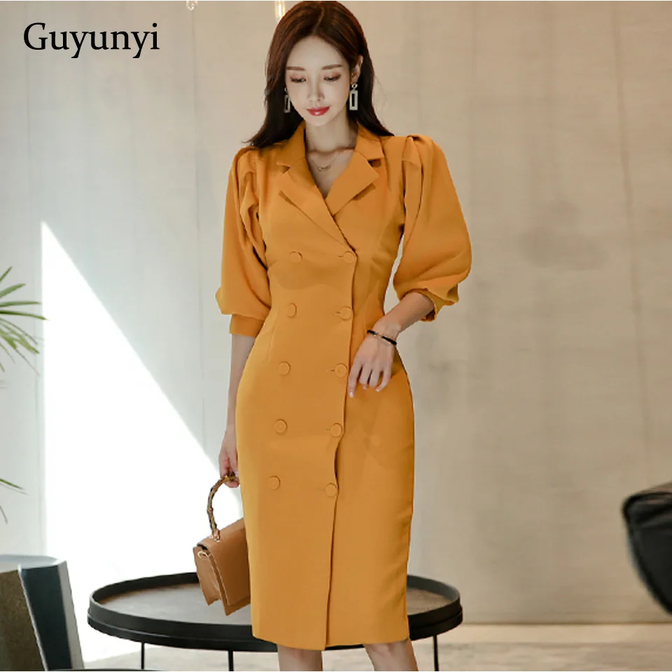 

Yellow Lady Office Dress Spring Autumn Athens Generous Puff Sleeve Double-Breasted Slim Temperament Women Elegant Party Dress