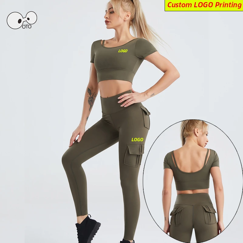 

Custom LOGO Build In Bra Crop Top+Tights 2 Pcs Yoga Set Women Quick Dry Stretch Gym Fitness Running Sport Suit Sportswear