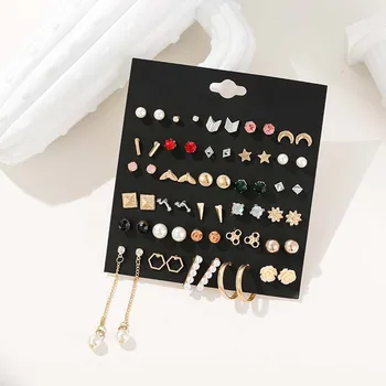 

30 Pairs Set of Earrings Female Statement Geometry with Pearl Stone Crystal Stud Earrings 2020 Trendy Modern Christmas Gifts