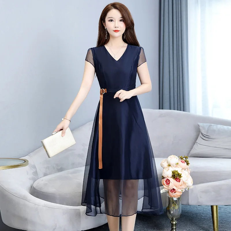 

2019 Summer New Style Dress Women's Korean-style Waist Hugging Elegant Western Style Long Imitated Silk Fabric Short-sleeve Dres