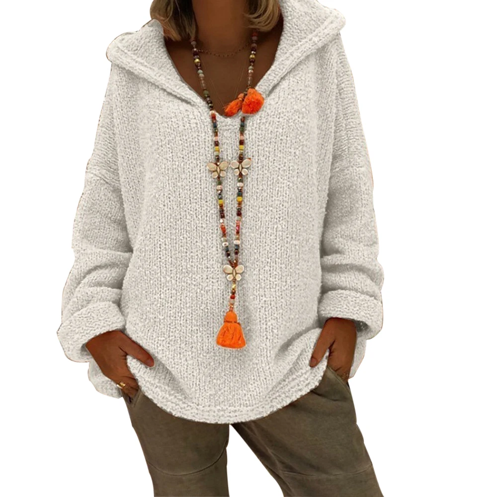 CYSINCOS осенне-зимний свободный женский свитер, однотонный вязаный Топ, Модный пуловер с v-образным вырезом размера плюс, женский свитер с капюшоном - Цвет: white