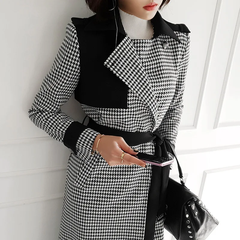 

2019 Winter New Style Korean-style Elegant Retro Double Breasted Belt Waist Hugging Joint Thousands of Birds Woolen Jacket
