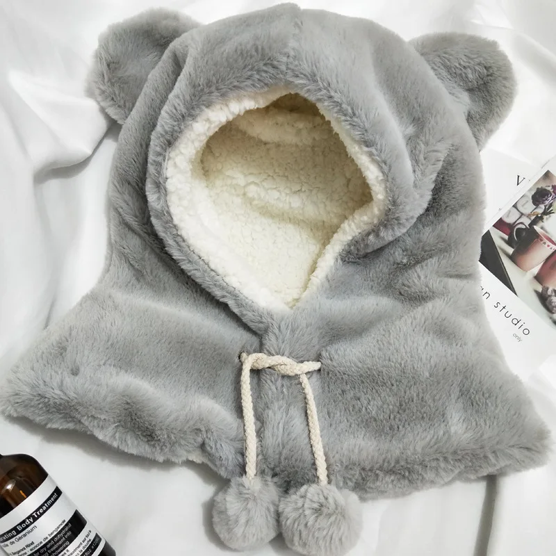 grey cap Зимний костюм двойного назначения, женские плюшевые бархатные головные уборы с защитой шеи, шапка с капюшоном, шарф, шапка, комплект из одного предмета, Детская шапка-бомбер для девочек - Цвет: grey cap