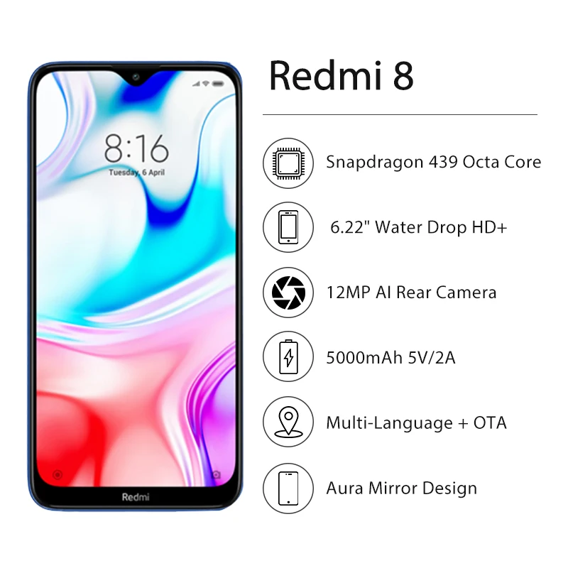Xiaomi Redmi 8 3GB 32GB Snapdragon 439 Octa Core 12MP AI Camera Mobile Phone 5000mAh Quick Charge CE Cellphone Global ROM