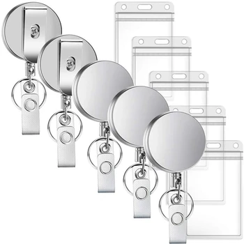 

5-Piece Metal Retractable Badge Reel with ID Card Holder Thickened Keychain with Keychain Belt Clip Transparent Horizontal Name