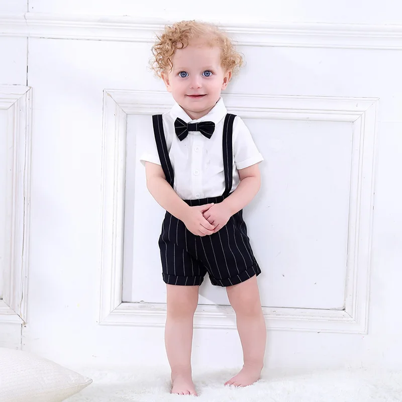 

2018 Summer New Style Male Baby Infant Childrenswear Striped Suspender Strap Gentleman Set Tolo Rabbit Wholesale H3393