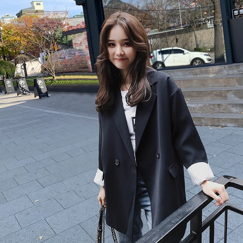 Vintage Korean Ladies Blazer Solid Black Casual Loose Suit Jacket Stylish Giubbotto Donna Simple Office Women Blazer New MM60NXZ