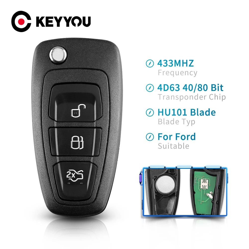 Запасной складной пульт дистанционного управления KEYYOU с 3 кнопками для Ford Focus Fiesta