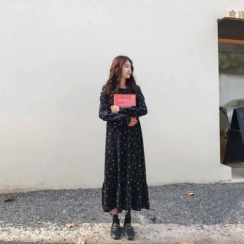 

2020 Spring Autumn European Style Brand Cothing Loose Long Sleeve Women Dresses Print Dot Linen Vestidos O-Neck Robe Plus Size