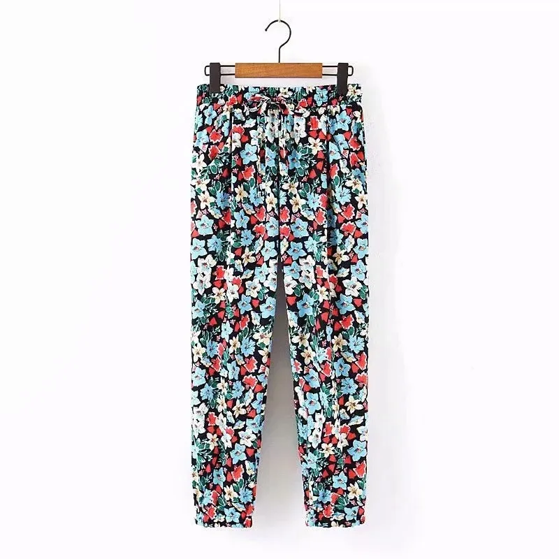 women fashion flower print colorful summer za long pants 2020 chic lady drawstring elastic high waist loose trousers mujer panta | Женская